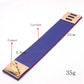 Wide leather cuff bracelet with copper-tone metal clasp and length details on blue strap