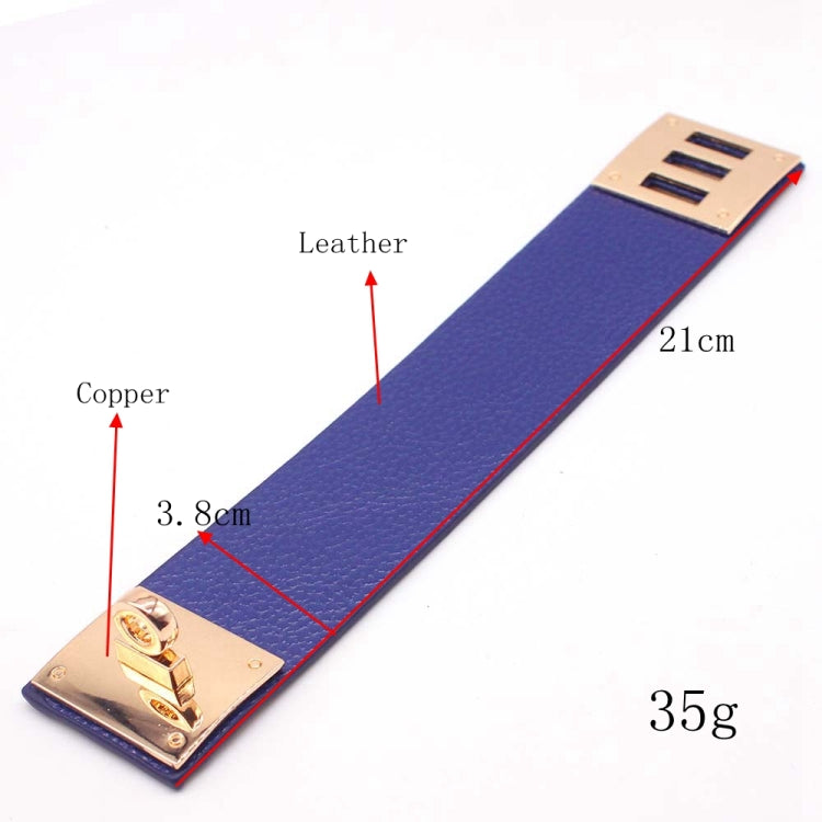 Wide leather cuff bracelet with copper-tone metal clasp and length details on blue strap