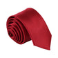 Red narrow necktie, solid color with woven texture and tightly rolled folds