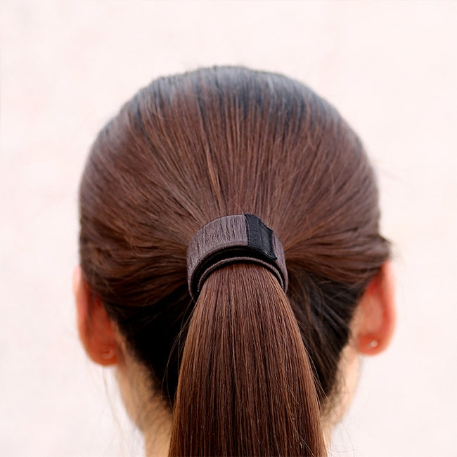 Hair bun maker donut tool with dark coffee brown hair for quick updos