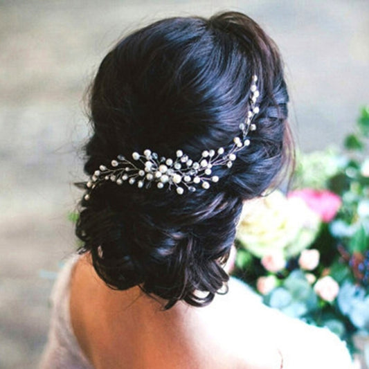 Bridal hair comb with silver wire, pearl beads and crystal branch headpiece