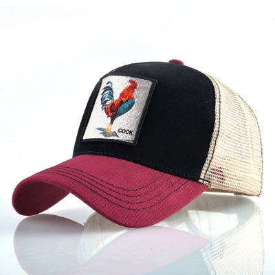 Cotton embroidered animal baseball cap, black front with beige mesh and maroon brim