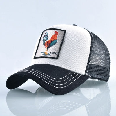 Embroidered animal baseball cap in white with black mesh panels and rooster patch.