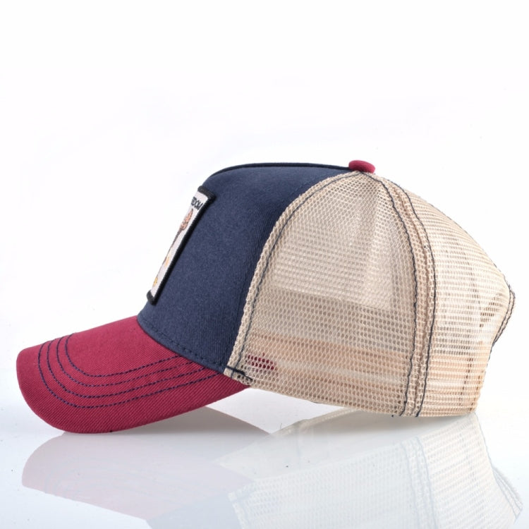 Embroidered animal baseball cap in navy with beige mesh panels and burgundy underside.