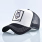 Embroidered animal baseball cap, white with wolf patch, black brim and mesh back