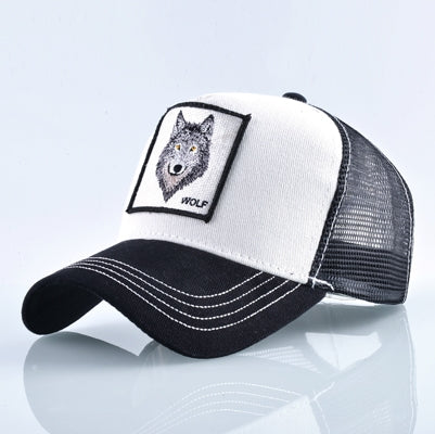 Embroidered animal baseball cap, white with wolf patch, black brim and mesh back