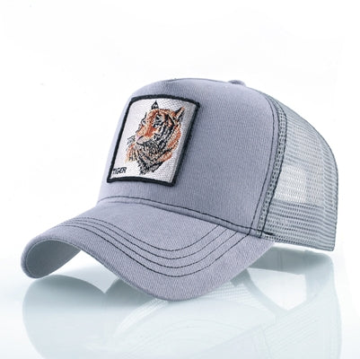 Cotton embroidered animal baseball cap, gray front with light mesh and curved brim