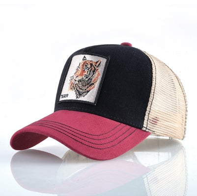 Embroidered animal baseball cap in black and burgundy with beige mesh and eagle patch.