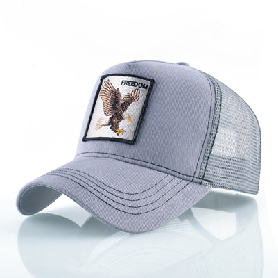 Embroidered animal baseball cap, light gray with eagle patch and mesh back