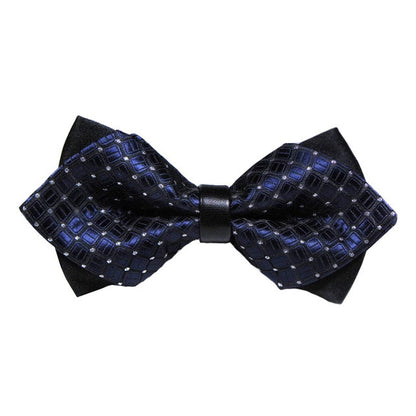 Detachable men's bow tie with blue geometric pattern and black center strap