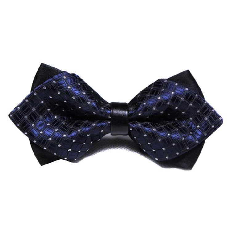 Detachable men's bow tie with dark blue square pattern and black center strap