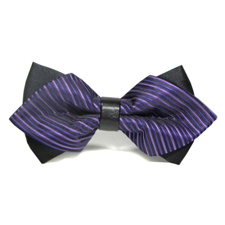 Detachable men's bow tie with dark purple and purple striped pattern and black center strap