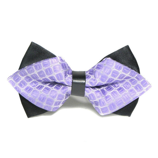 Detachable men bow tie with black center and lavender geometric pattern fabric