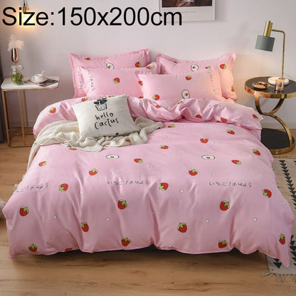 Pink cotton duvet cover set with strawberry print, includes pillowcases and sheet, 150x200