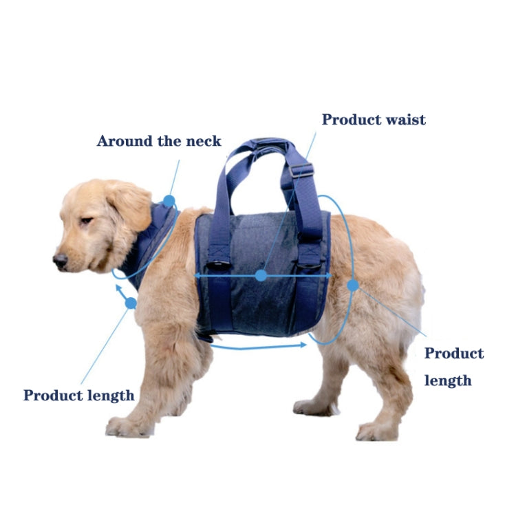 Dog chest harness with shoulder straps and front lift handle, laid out with measurement points