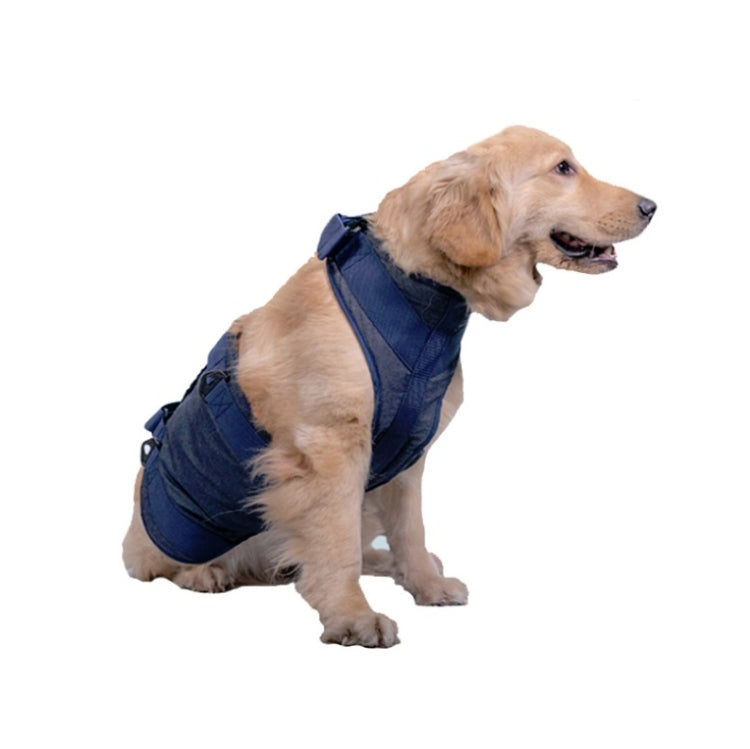 Dark blue chest harness for senior dogs, fitted on a small dog from the side