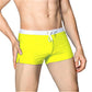 Men's neon yellow swim shorts with light gray waistband and white drawstring