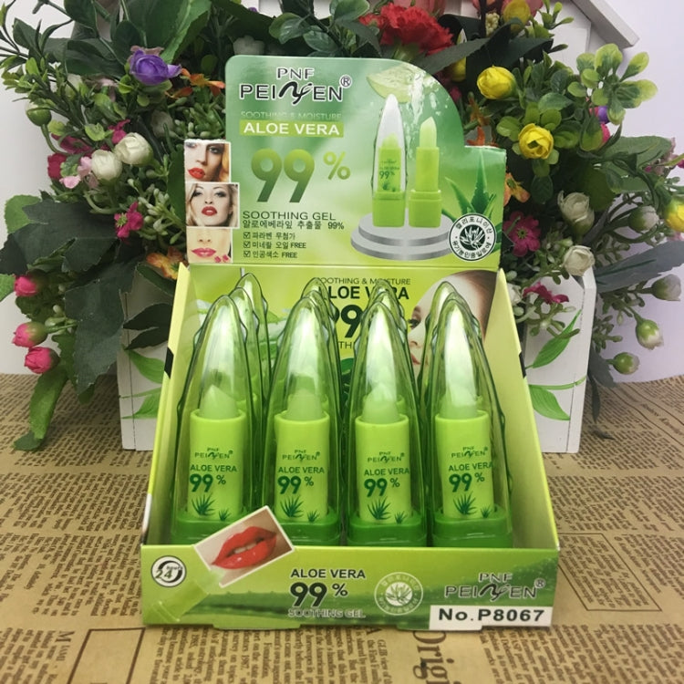 PNF PEIYEN aloe vera lip balm display set, multiple green tubes in retail tray