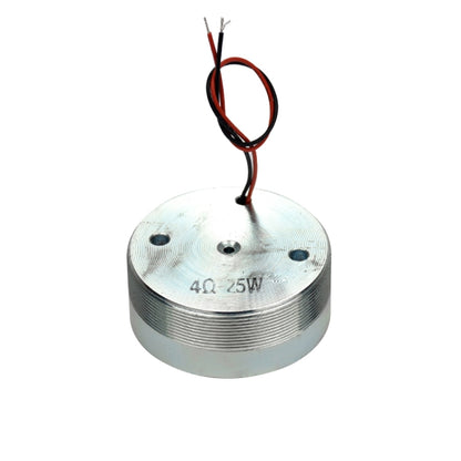 Aluminum vibration speaker transducer with red and black lead wires, round metal housing