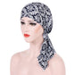 Stretch printed turban hat with long tail, black and white damask ornamental print