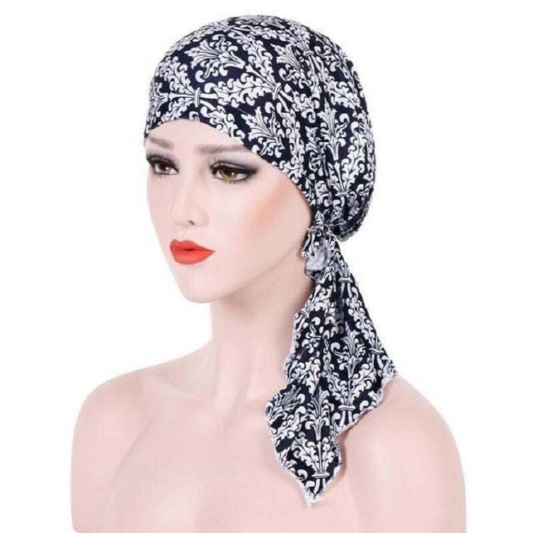Stretch printed turban hat with long tail, black and white damask ornamental print