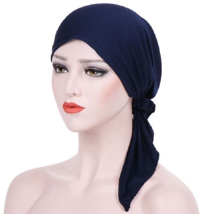 Navy curved wrap cap turban hat with long side tie tail and back knot