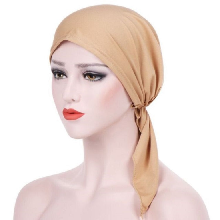 Khaki curved wrap cap turban hat with side knot and long hanging tie tail