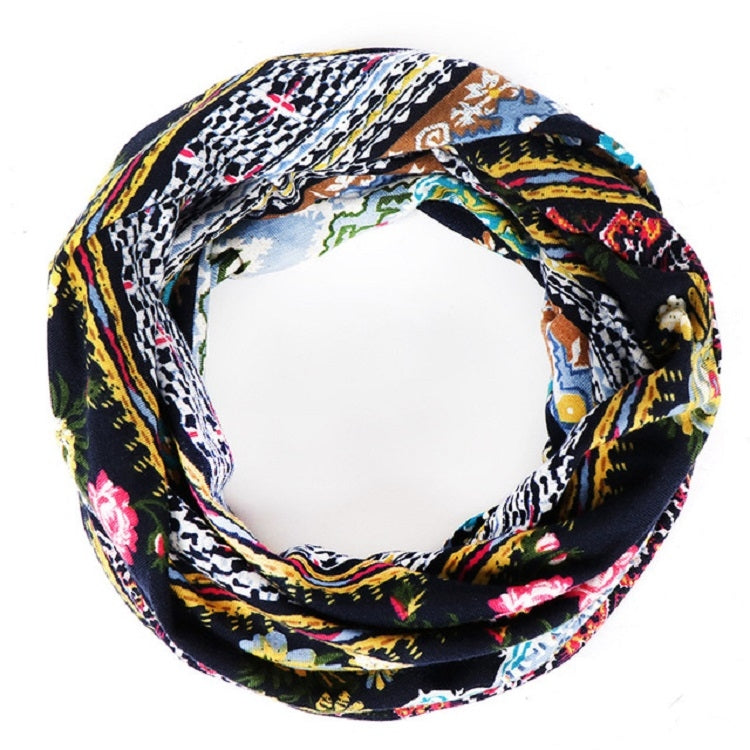 Printed cotton hat wrap loop with multicolor stripes and floral motifs