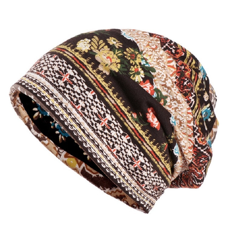 Printed cotton hat wrap with multicolor stripes and floral motifs on brown base
