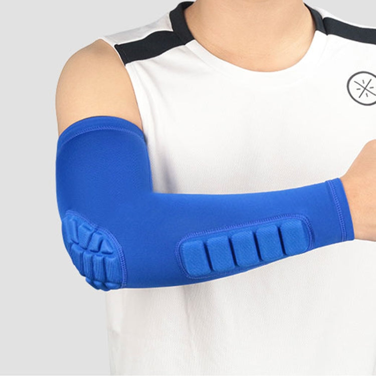 Blue elbow compression sleeve with cushioned protective pad and textured grip