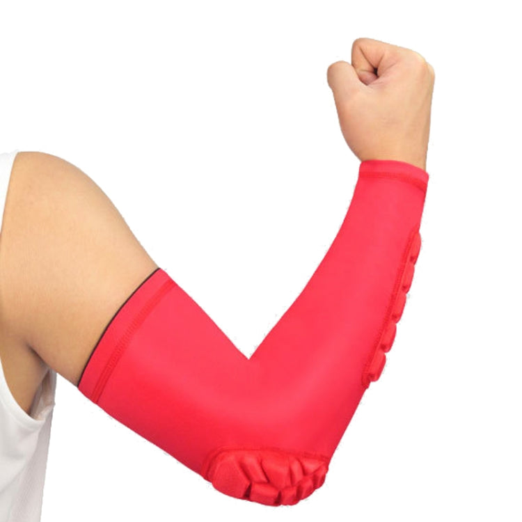 Red elbow compression sleeve with cushioned protective pad and anti-slip band