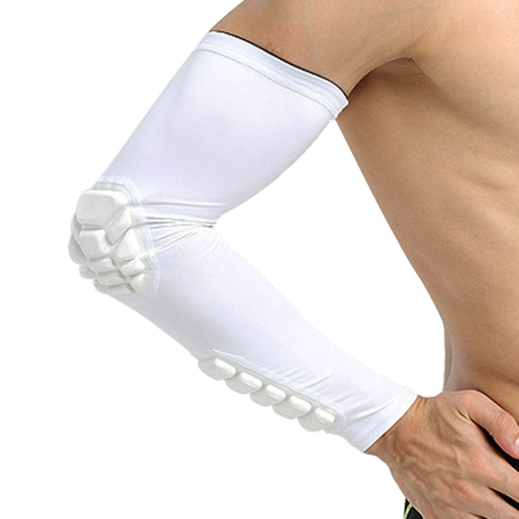White elbow compression sleeve with padded protection and elastic anti-slip cuff