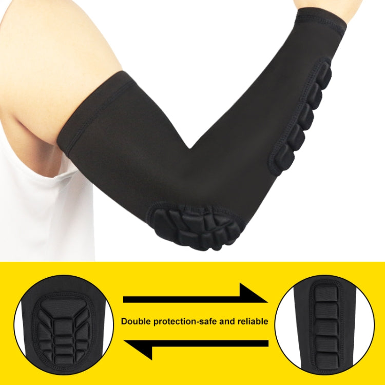 Black elbow protective compression sleeve with textured grip cuff and padded guard