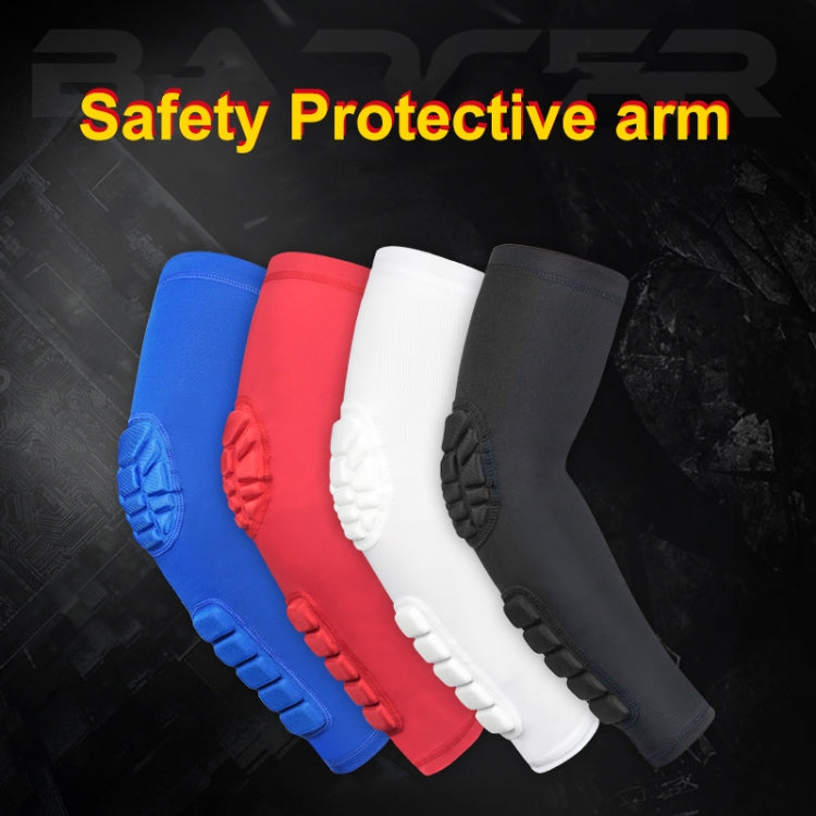 Set of elbow compression sleeves in blue, red, white, and black with padded guards
