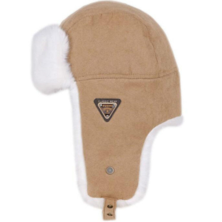 Khaki winter ear-flap ushanka hat with white faux fur lining and triangular logo badge