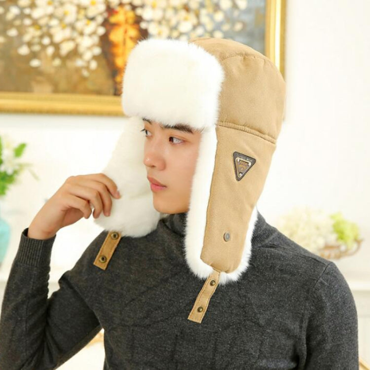 Khaki ear-protecting flight hat with white faux fur earmuffs and triangular logo patch
