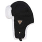 Black winter ear-flap hat with white faux fur earmuffs, front button, and chin cord