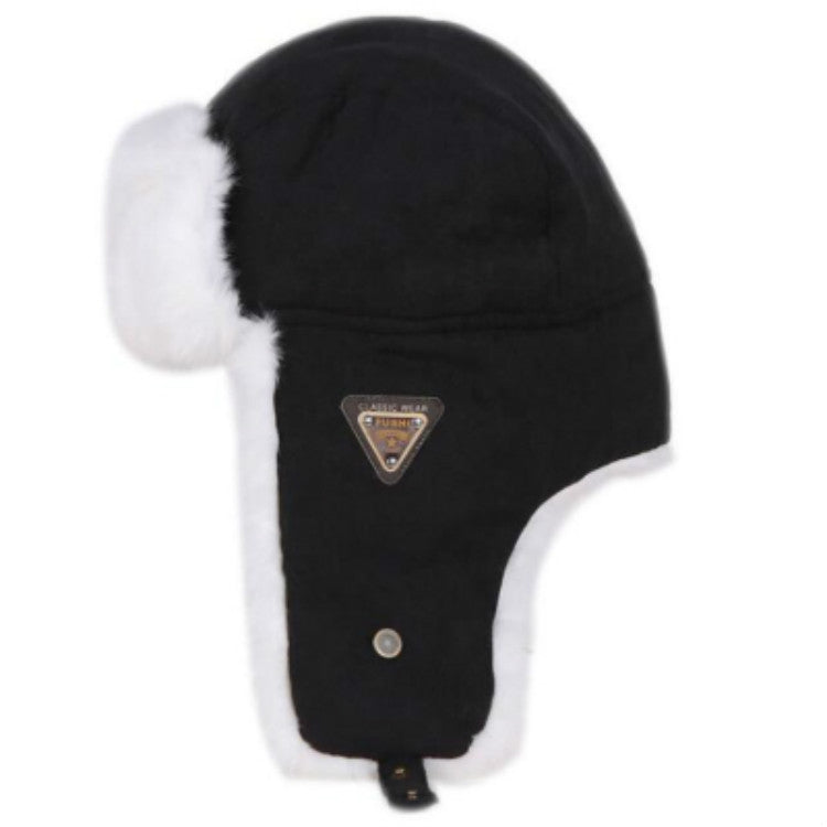 Black winter ear-flap hat with white faux fur earmuffs, front button, and chin cord