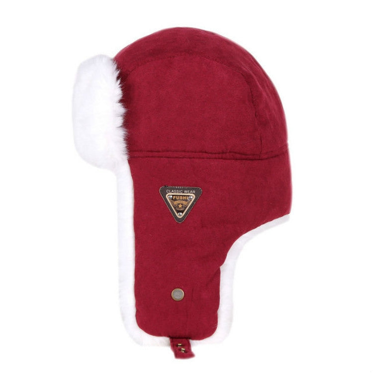 Wine red winter ushanka hat with white faux fur earmuffs and triangular logo badge