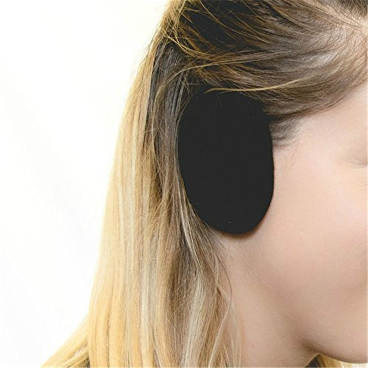 Black round bandless earmuff ear cover with soft foam, worn on side of head