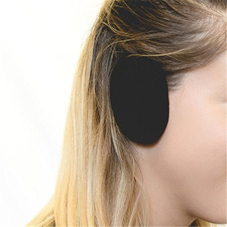 Close-up black bandless earmuff ear cover over ear, with soft plush texture