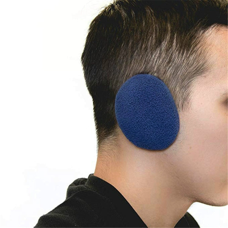 Blue round bandless earmuff ear cover with soft foam, worn on side of head