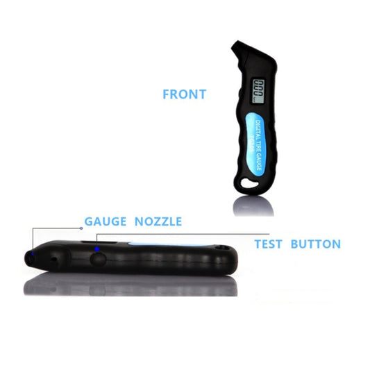 Black digital tire gauge with nozzle tip, front indicator, and test button