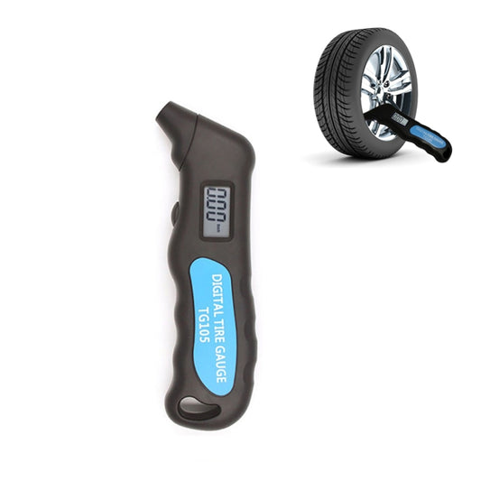 Black digital tire pressure gauge with LCD display and ergonomic handle