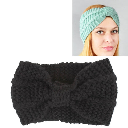 Black knitted turban headband with wide bow, textured crochet knit, stretch hair wrap