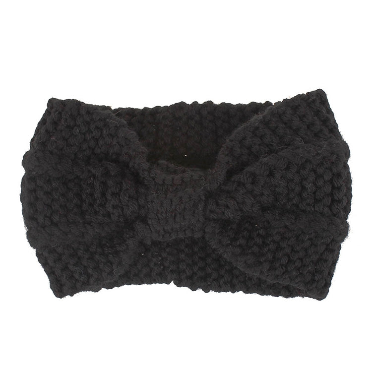 Black wide knitted turban headband with bow detail, textured crochet stitch, stretch fit