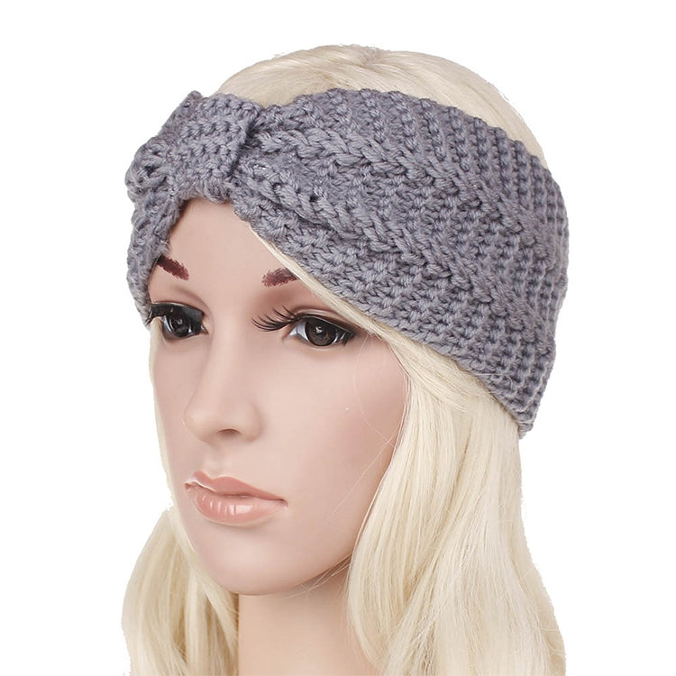 Gray knitted turban headband with wide bow, textured crochet knit, stretch hair wrap