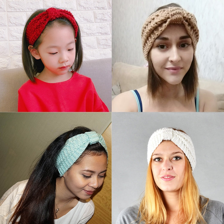 Assorted knitted turban headbands with bows in red, beige, black, teal, and white (stretch)