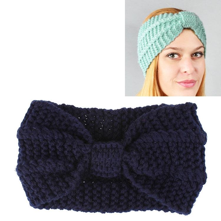 Navy blue knitted turban headband with wide bow, textured crochet knit, stretch hair wrap