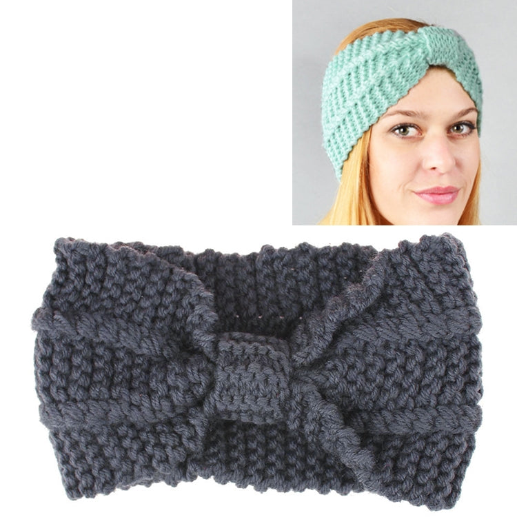 Dark gray knitted turban headband with wide bow, textured crochet knit, stretch hair wrap